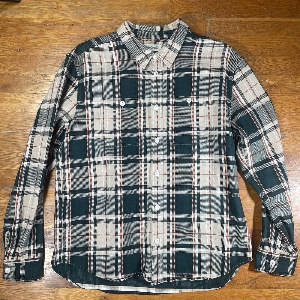 Madewell Men's Twill Easy Button Up Shirt sz L Peterson Plaid / Smokey Spruce